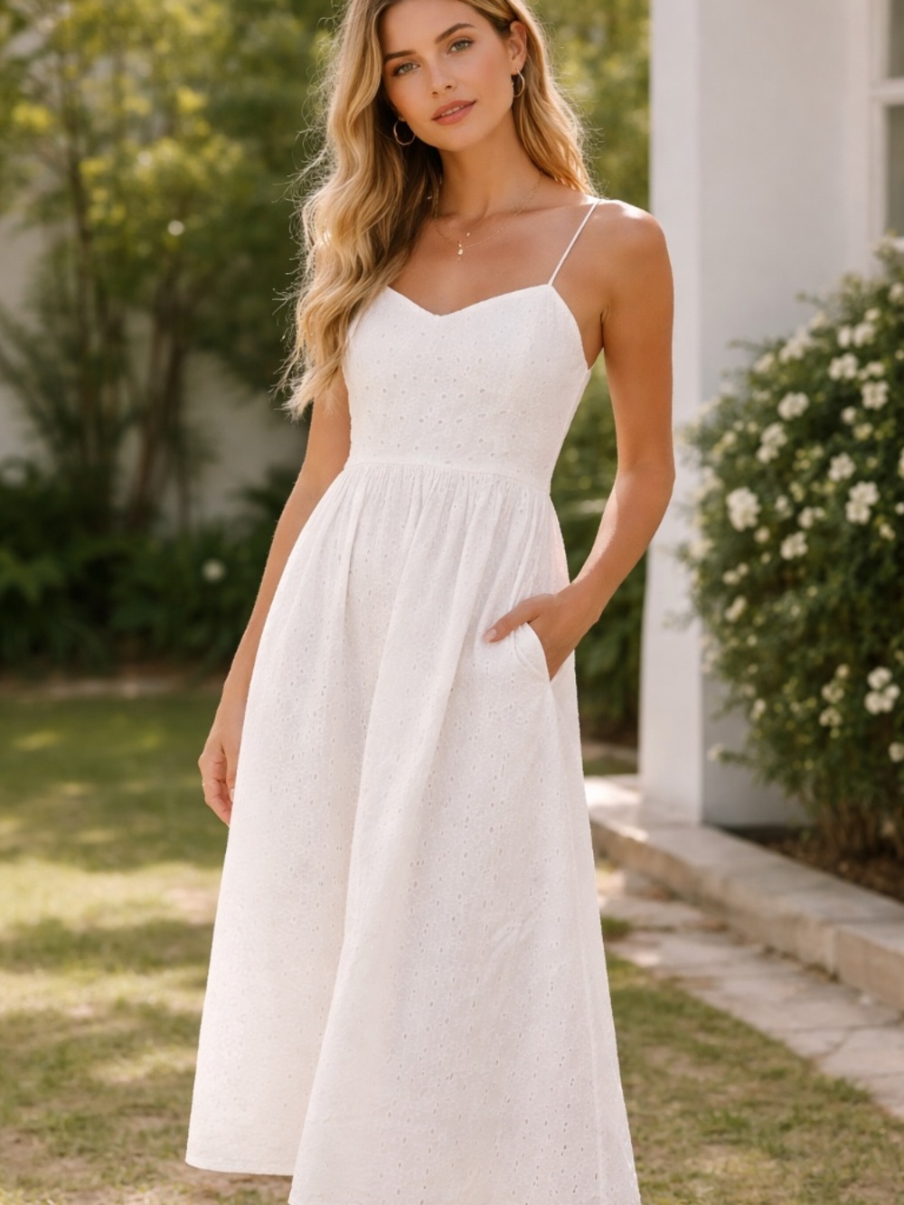 A New Day White Eyelet Midi Dress Sundress Size S NWT.